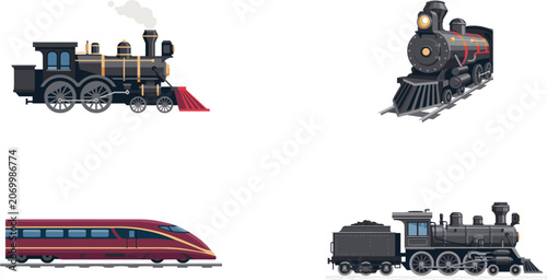 Foto Vintage steam locomotive trains and modern high speed bullet train set isolated