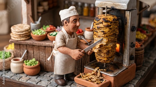 Miniature Chef Slicing Döner Kebab Meat at a Detailed Wooden Fast Food Street Stall