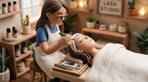 Charming Miniature Eyelash Extensions Service Scene with Detailed Studio Decor and Lights