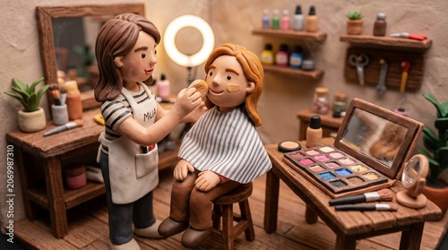 Detailed Scale Model Scene Of Clay Makeup Artist Applying Cosmetics In A Beauty Studio