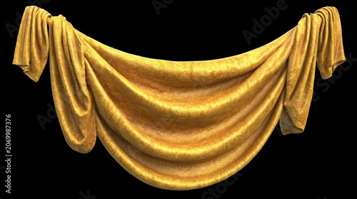 Opulent draped golden fabric hangs in a rich swag across a dark background