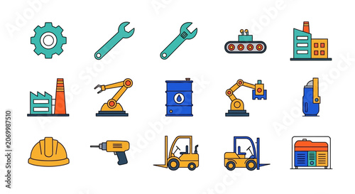 Industrial Icons:  Diverse Vector Illustrations of Factory, Manufacturing, and Engineering