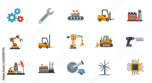 Industrial Icons: Machinery, Equipment, and Technological Elements Representing Progress