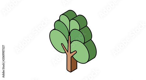 Isometric illustration of a stylized green tree against a stark white background design