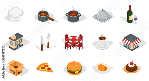 Isometric illustration of restaurant and food icons with various culinary elements on a white