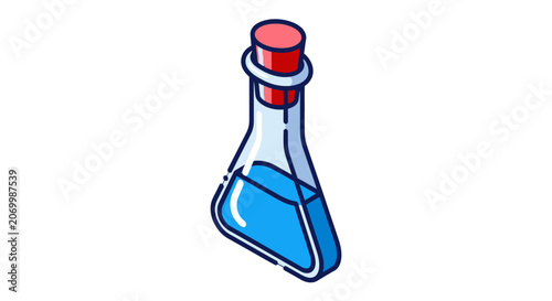 Isometric illustration of a laboratory flask filled with a blue liquid substance