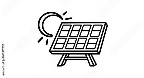 Minimalistic illustration of a solar panel generating energy from the sun with black lines