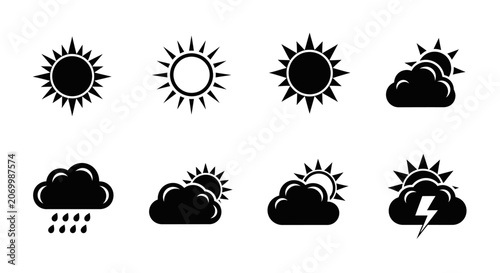 Weather icon set featuring sun, clouds, rain, and lightning bolt illustrations