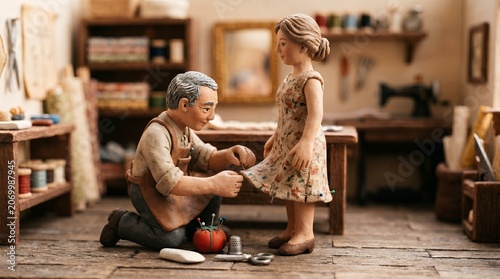Detailed Scale Model Of Clay Tailor Adjusting Hem Of Blue Dress In A Vintage Workshop