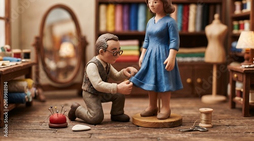 Miniature Tailor Fitting Blue Dress On Mannequin In Scale Model Sewing Workshop Scene