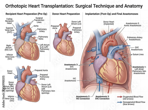 Orthotopic heart transplantation surgical diagram isolated on white background