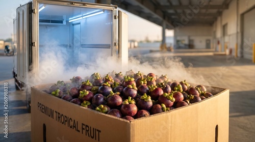Premium tropical fruit cold chain transport. Cardboard box filled with fresh mangosteen fruits near open refrigerated semi truck trailer with mist at warehouse loading dock