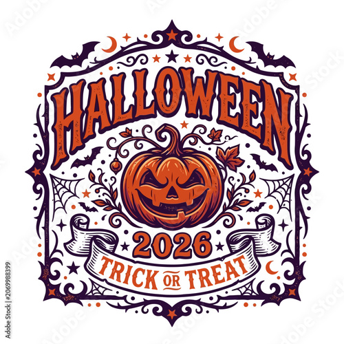 Retro Halloween 2026 vector logo with spooky jack-o'-lantern pumpkin and trick or treat banner