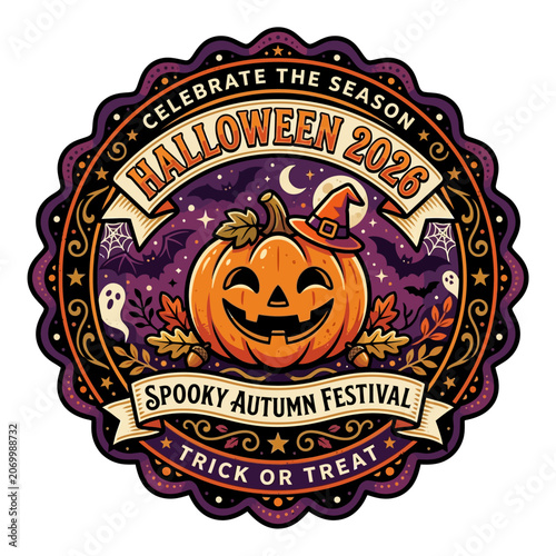 Festive Spooky Autumn Festival Badge Featuring A Cheerful Jack O Lantern With Bats And Stars For Halloween Celebrations