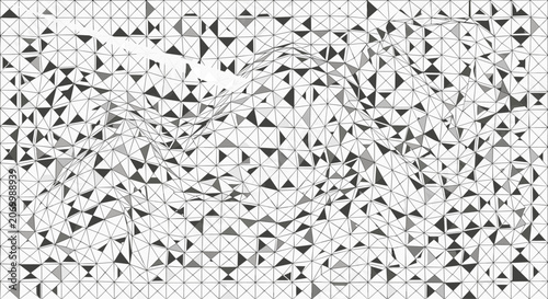 Distorted monochrome triangle mesh grid pattern resembling crumpled paper or a topographic map in black and white tones.