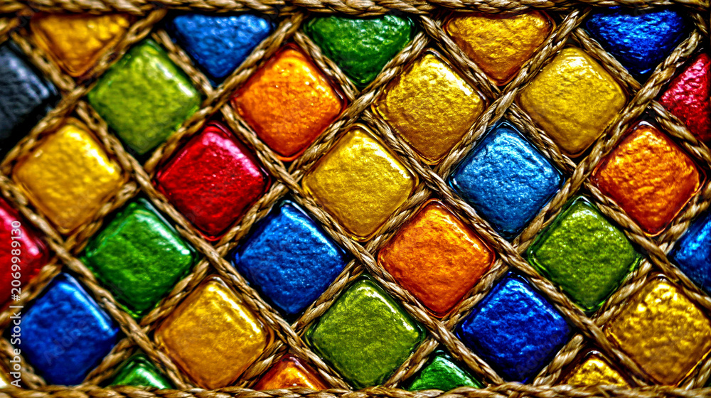 Naklejka premium Abstract background of colorful quilted leather texture with intricate stitching detail colorful stitching
