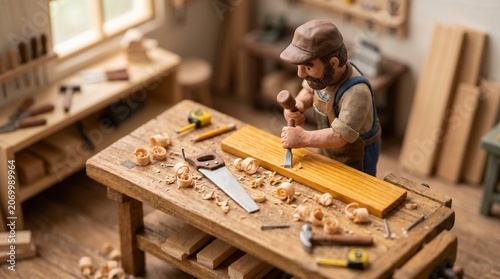 Miniature Woodworker Carving Wood With Chisel On Workbench In Scale Model Workshop Diorama