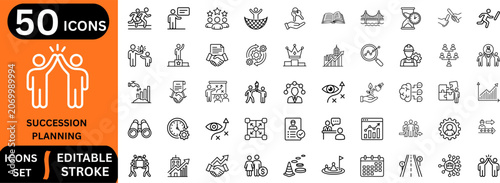 Succession planning line editable icon set. Containing strategy roadmap, corporate training, human resources, career promotion, team management, and more. Editable stroke. Vector illustration