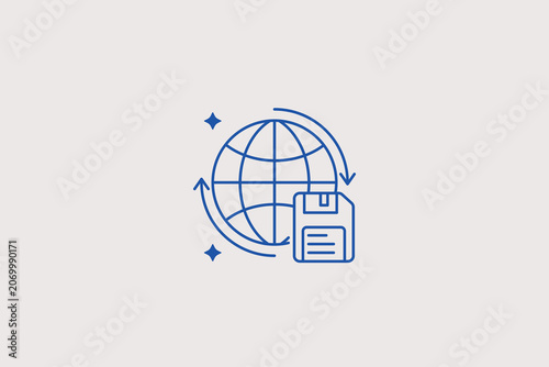 Fotografi Global planet earth map grid with incoming upload data arrow and diskette icon for international web archive system, data backup network
