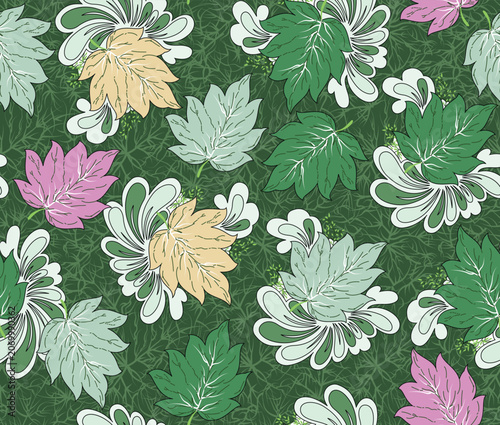 a green and pink floral pattern with leaves.Autumn Leaves Seamless Pattern