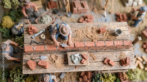 Miniature Construction Workers Laying Red Bricks On Wooden Table In Scale Model Diorama