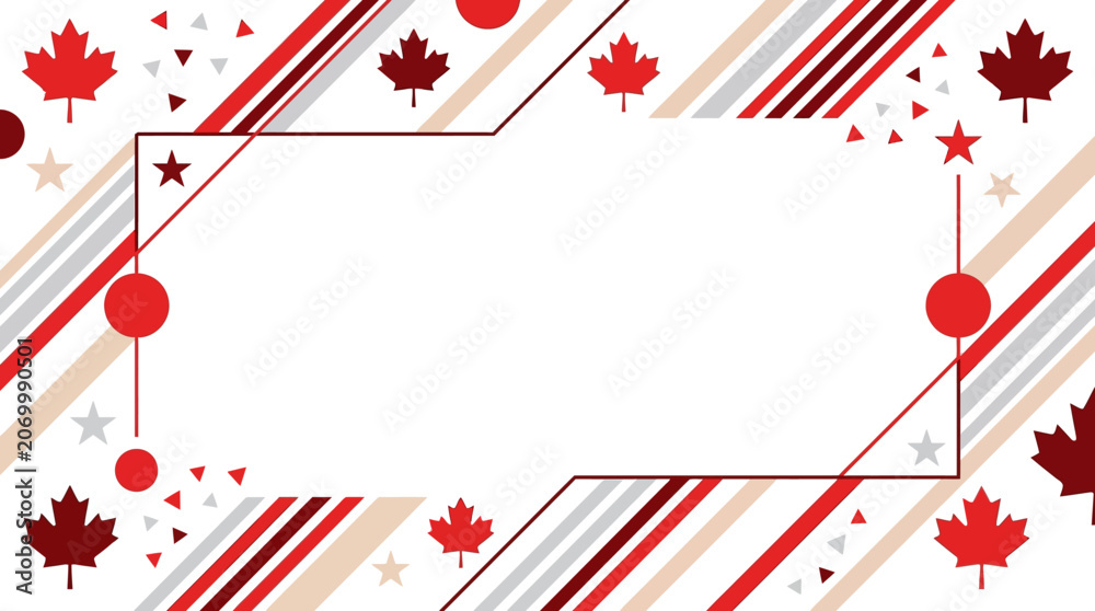 Fototapeta premium Modern geometric Canada Day frame border with stylized maple leaves, red circles, stripes, stars and clean accents