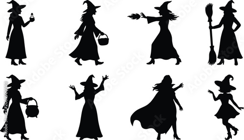 Obraz na plátne Halloween Witch Silhouette Collection with Broom Cauldron and Magic Poses