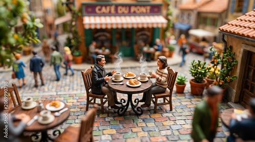 Miniature Scale Model Diorama Of A Romantic Couple Having Coffee At French Street Cafe