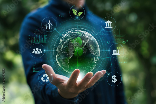 Sustainability earth hand globe green technology environment energy ecology finance