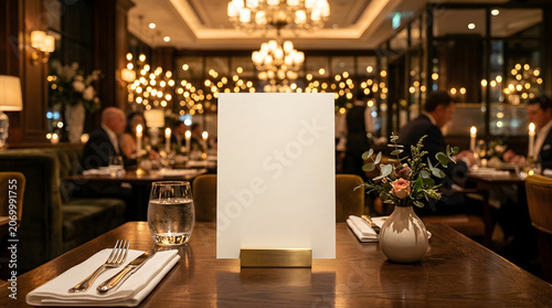 A blank white menu card stands on a wooden restaurant table with bokeh dining room background lights.