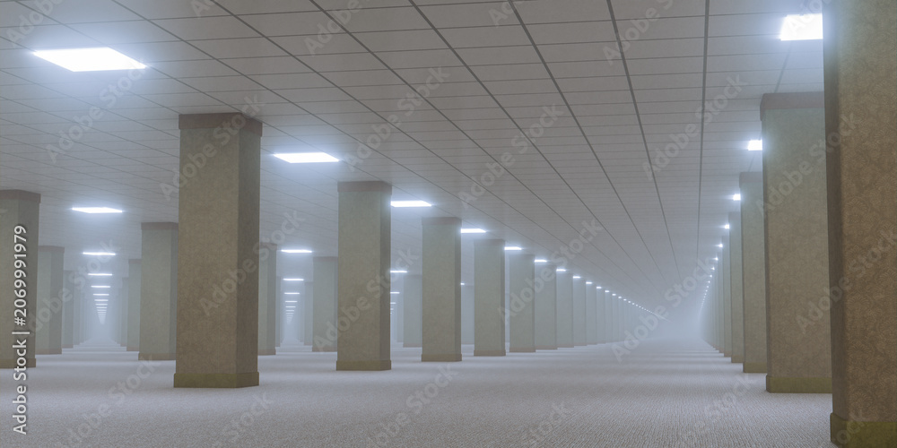Naklejka premium Mysterious endless empty office space filled with thick fog concrete pillars dim fluorescent lights creating eerie liminal backrooms horror atmosphere 3d illustration