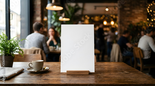 A blank vertical white paper menu card sits centered on a rustic wooden table in a busy restaurant.