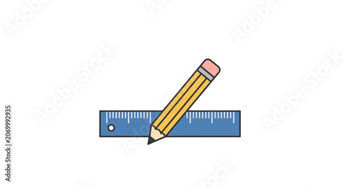 Graphic illustration of a pencil interacting with a ruler against a white background