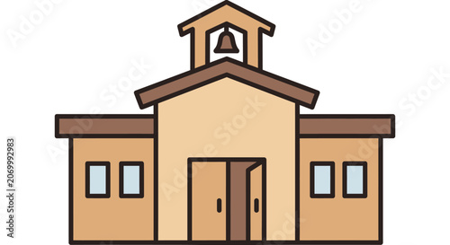 Illustrated schoolhouse in a simplified design with brown and beige color palette for education