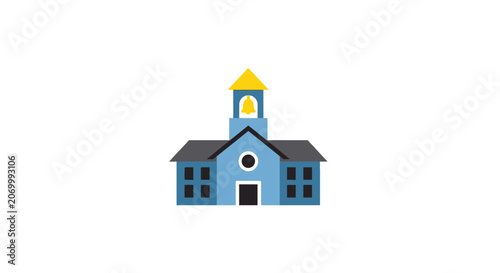 Stylized schoolhouse icon in blue, yellow, and black against a pristine white background
