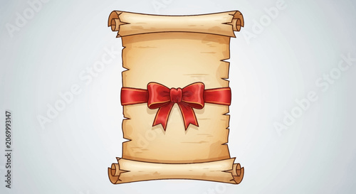 Vintage scroll tied with red ribbon, illustration of a message or gift concept