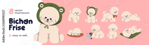 Cute fluffy puppy of Bichon Frise breed set. Funny baby dogs, little canine a...