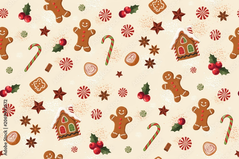 Naklejka premium Christmas seamless pattern with gingerbread houses, men, candy canes, holly berries, star anise, and peppermint candies on a light cream background