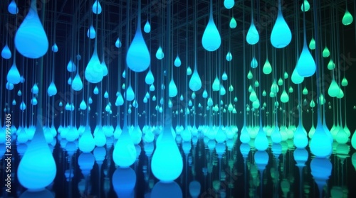 Abstract glowing blue water drops floating in a dark digital space background
