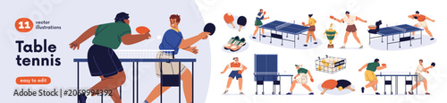 People playing ping-pong set. Pingpong players, male and female athletes trai...