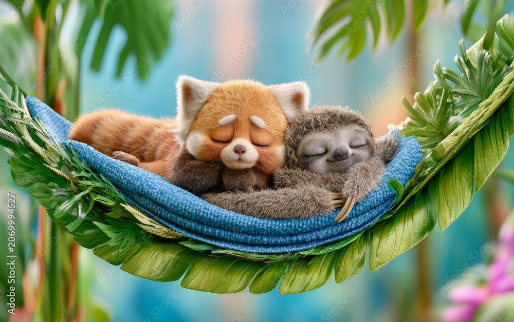 Fototapeta premium Cute Tiny Baby Red Panda and Sloth Sleeping in Jungle Hammock