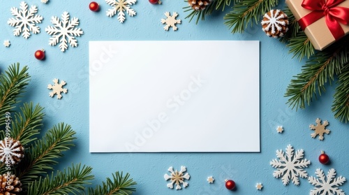 Blank paper card with christmas decorations and pine branches on a blue background