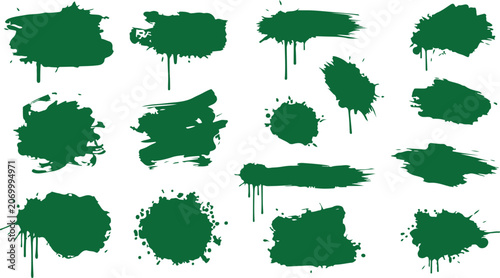 A collection of various dark green grunge paint splatters, ink blots, and dripping brush strokes isolated on a white background.