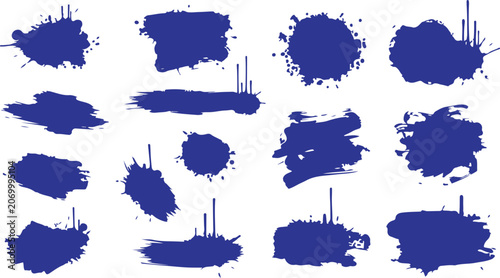 A collection of various textured blue ink splatters, paint drops, and rough grunge brush strokes isolated on a white background.