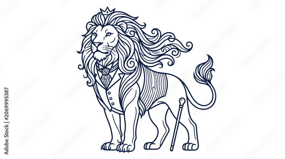 Obraz premium Majestic lion wearing a formal suit and crown, holding a cane, exuding regal confidence and sophisticated style