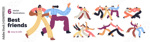 Best friends, young men and women together set. People dancing, hugging and h...