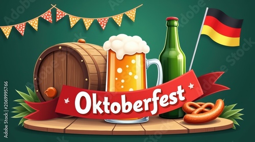 Oktoberfest beer mug with wooden barrel and german flag on a green party background