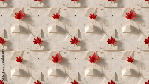 Seamless pattern of tiny red plants arranged on beige concrete wall