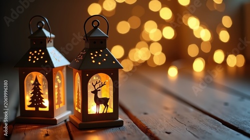 Two decorative Christmas lanterns with reindeer and tree silhouettes on wood table
