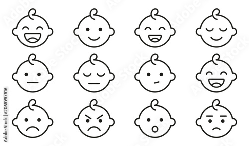 Foto Baby facial expressions and toddler emotions outline icons set isolated on white